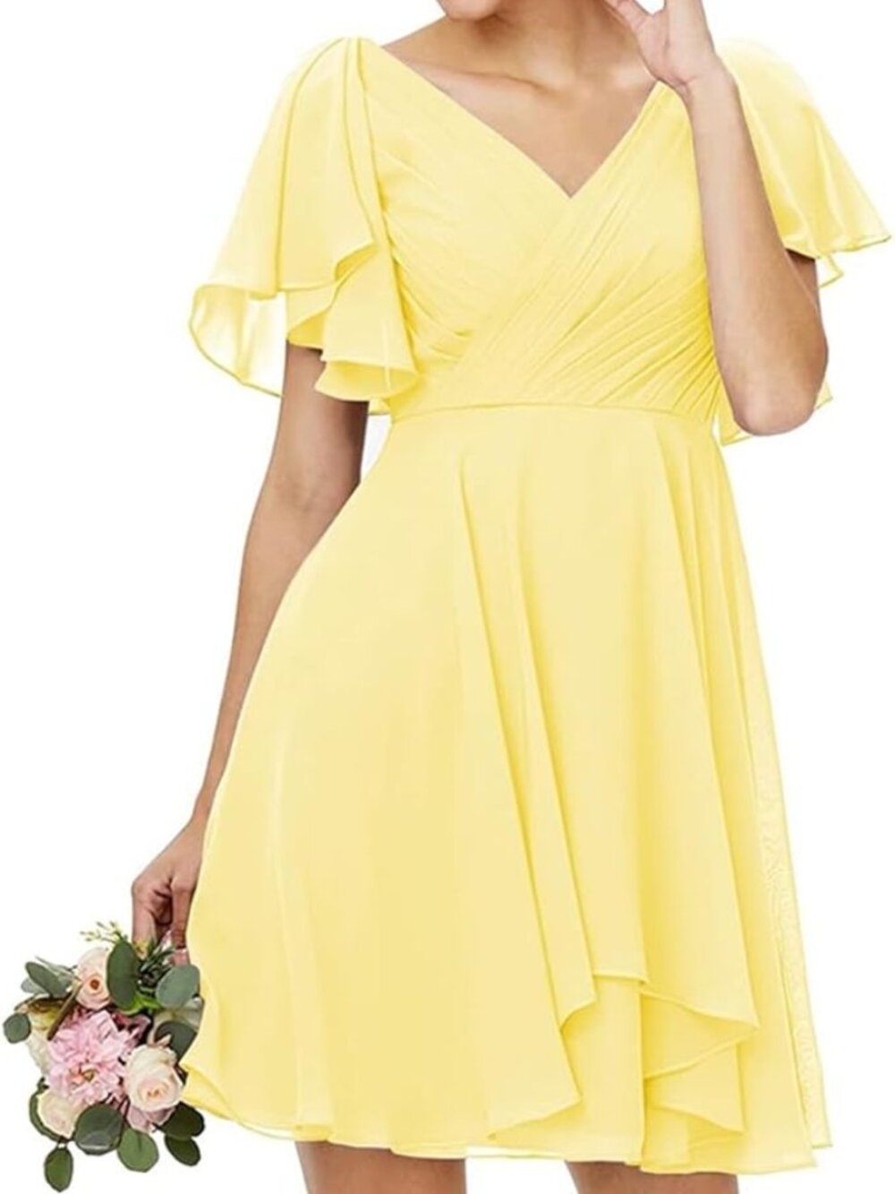DB Studio Celeb Yellow Chiffon Dress Women’s Size 10 V-Neck Ruffle Sleeve A-Line